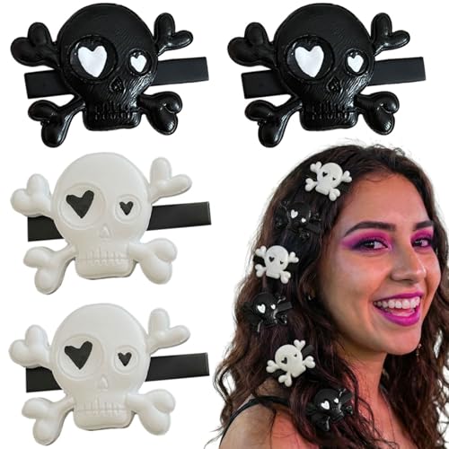 Ipetboom 2 Pairs Goth Skull Hair Accessories Skeleton Hair Clips for Women Girls Plastic Halloween Goth Barrettes (White and Black)