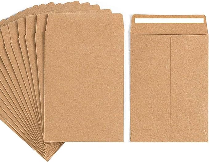 TOP-C Brown Coin Envelopes 6” x 4” Kraft Self-Adhesive Seed Envelopes for Small Items Parts, Wages, Notes, Beads, Garden, Office (50 Pack)