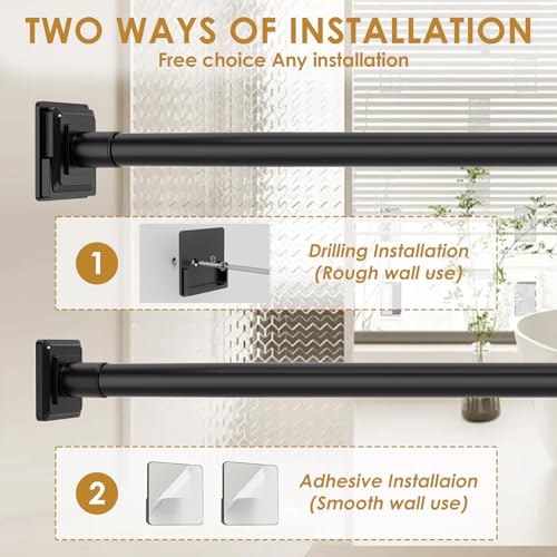 Image of Long Tension Shower Curtain Rod 31-96 Inch(8ft) No Drilling Adjustable Outdoor Curtain Rod 1 inch Dia Rustproof Stainless Steel for Patio Bathroom Windows Matte Black