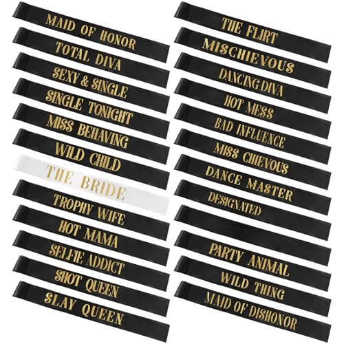 JellyArch 24 Pcs Bride Sash Bachelorette Party Bridesmaid Sashes Set Bridal Team Sash Bachelorette Party Sashes Bridal Shower Decorations Bride Gifts for Bridesmaids Maid of Honor(White Black)