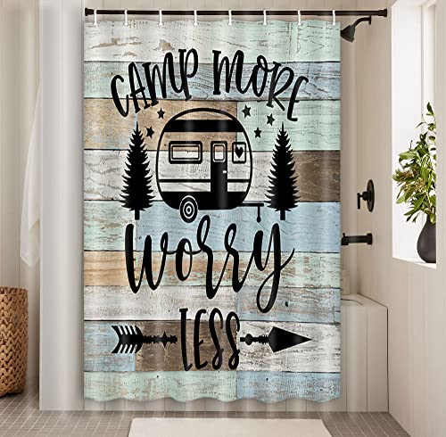 Image of Boziqr Camper RV Shower Curtain Travel Trailer Bathroom Accessories Decor Country Wooden Board Farmhouse Rustic Camping Shower Stall Curtains 48x72 Inches
