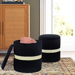 Adeco Round Storage Ottoman Set of 2, Modern Small Upholstered Velvet Vanity Chair Padded Footrest Stool Seat Footstool for Living Room Bedroom Kidsroom Coffee Table, Black Adeco Round Storage Ottoman Set of 2 Modern Small Upholstered Velvet Vanity Chair Padded Footrest Stool Seat Footstool for Living Room Bedroom Kidsroom Coffee Table Black