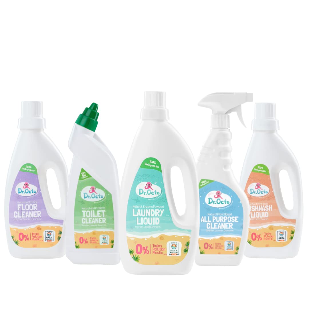 Dr.Octo Smarter Kit | Natural Toilet Cleaner (500ml), Floor Cleaner (500ml), All Purpose Cleaner (500ml), Dish Wash Liquid (500ml) & Laundry Liquid (1000ml) | Non-Toxic, Eco-Friendly & Skin Safe