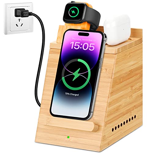 Bamboo Wireless Charging Station for iPhone, OthoKing 3 in 1 Wood Charging Docking & Organizer for iWatch/AirPods, Wireless Charging Stand for iPhone 14/13/12/11/Pro/Max/XS/Max/XR/XS/X-Yellow