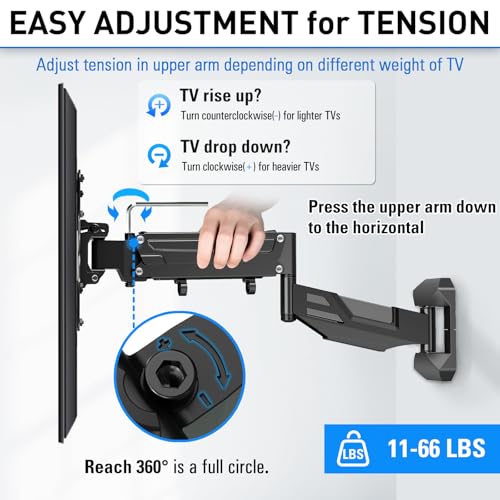 Image of MOUNTUP Height Adjustable TV Wall Mount for 26-55 Inch TVs, Spring Arm Full Motion Articulating TV Bracket Mount with Smooth Swivel Tilt & Safe Corner Installation, 400x400mm VESA, 11-66 lbs