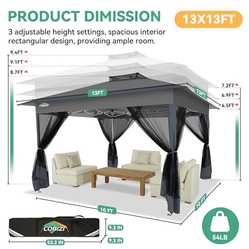 Image of COBIZI 13x13 FT Pop up Gazebo on Clearance - Outdoor pop up Canopy Tent,carpas para Patio, Shelter - Screen Tents with Portable Carry Bag, Patio Gazebos for Camping,Garden,Deck,Backyard,Darkgrey