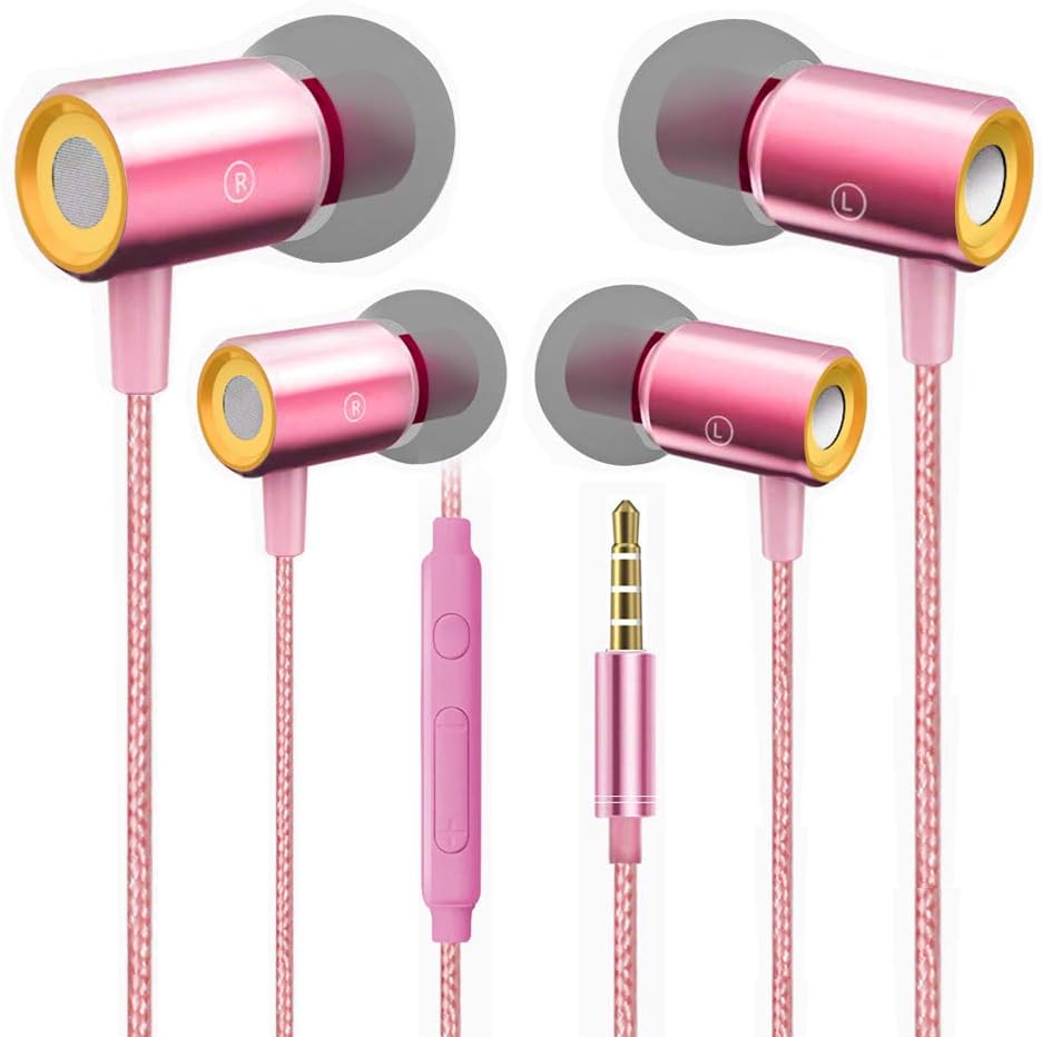 2 Pack 3.5mm Earbuds Ear Buds in Ear Headphones Wired Earphones with Mic Stereo and Volume Control Waterproof Metal Wired Earphone Compatible with Smartphone, MP3/MP4 Player and Tablet (Rose)