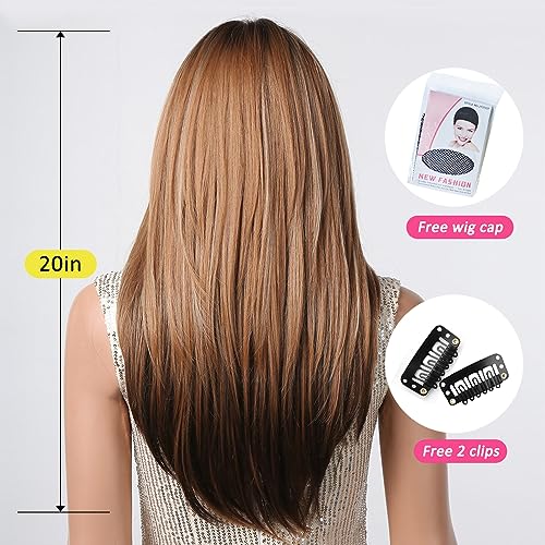 OUFEI Brown Ombre Dark Blonde Wig with Bangs Long Straight wigs for Women Short Layered Wigs Synthetic Hair Heat Resistant Wigs for Daily Party Cosplay Wear - Image 4