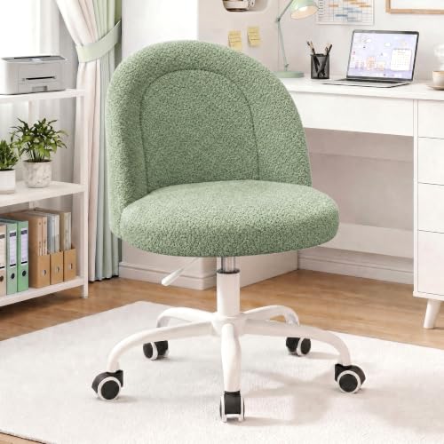 Image of DurayLoly Armless Vanity Chair with Wheels, Ultra-Soft Teddy Fleece, Adjustable Height & 360Swivel, Rolling Desk Chair for Bedroom, Dorm & Vanity Table, Ideal for Teens & Adults, Sage Green