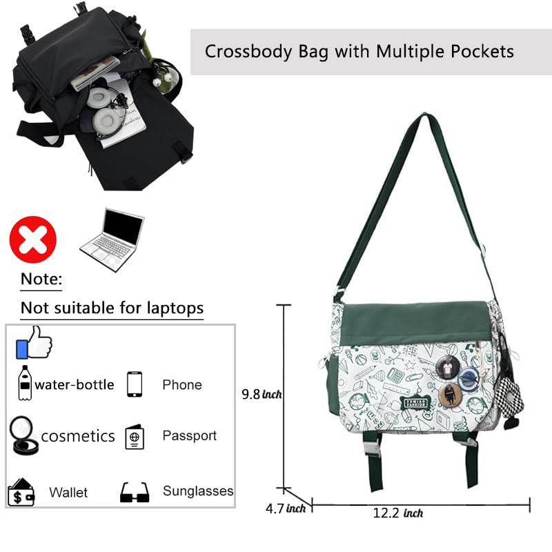 Image of Aesthetic Crossbody Bag with Cute Pins and Ornament, Nylon Shoulder Messenger Bag Japanese Kawaii Bag for Women Men