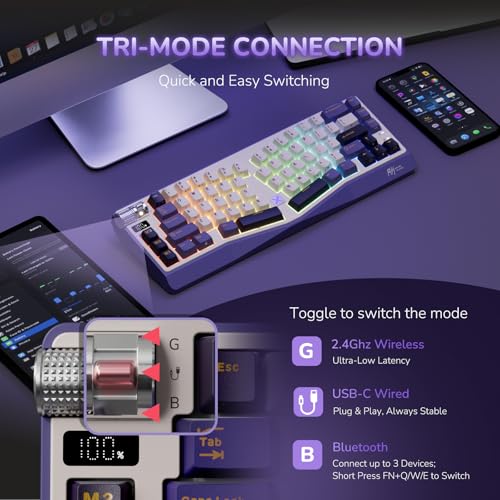 Image of RK ROYAL KLUDGE A70 Wireless Ergonomic Keyboard, 65% Alice Split Mechanical Keyboard w /Bluetooth /2.4GHz /Wired, RGB Gaming Keyboards with Knob and Gasket Mount, Hot Swappable Pre-lubed Linear Switches
