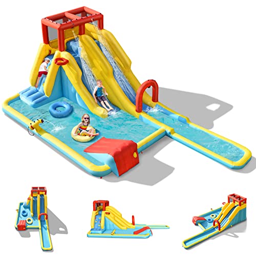 GOPLUS Castillo Hinchable para Niños, Hinchable Grande con Piscina, Pistola de Agua Tobogán Acuático, Adecuado de 3 a 10 Años, ‎622 x 335 x 225 cm