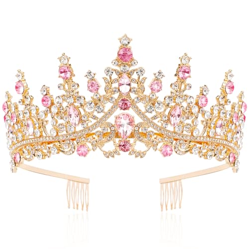 TOBATOBA Gold Pink Crown, Wedding Tiaras and Crowns for Women, Coronas Para Ramos Buchones De Flores, Queen Crown Royal Princess Tiara Headpieces for Birthday Prom Pageant Halloween Cosplay
