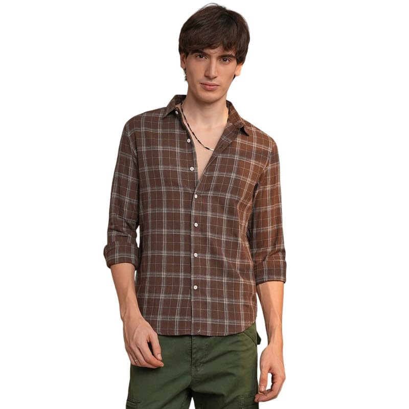 Campus Sutra Men's Tartan Plaid Shirt | Casual Wear | Spread Collar | Long Sleeve | Button Closure | Shirt Crafted with Comfort Fit for Everyday Wear in neutral
