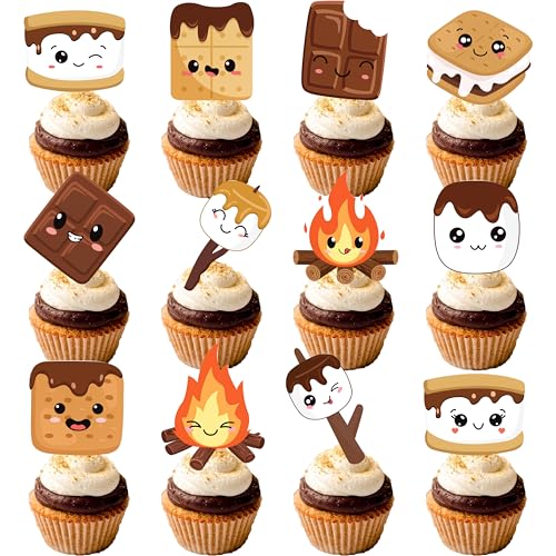 S'more Party Cupcake Toppers 48pcs S'more Birthday Party Decoration Bonfire Camping Cake Cupcake Pick Decorations for S'more Themed Camping Campfire Camper Birthday Party Supplies