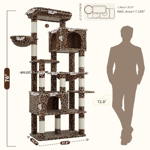 Image of Heybly Cat Tree, 76-Inch Tall Heavy Duty Cat Tower for Big Cats HCT039BW | Multi-Level Large Cat Furniture with Extra Wide Baseboard, 2 Condos & 2 Hammocks, 10 Scratching Posts, Leopard Print