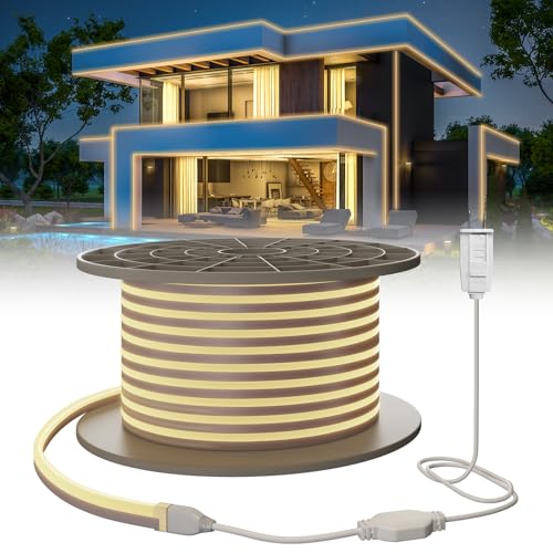SUCIKORIO Neon Led Strip Lights 50ft / 15m Warm White 3000K Waterproof IP65 Flexible LED Light Strip AC 110-120V Led Lights for Bedroom, Indoor & Outdoor, Power Adapter Included