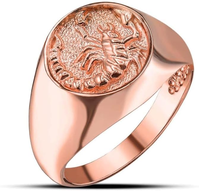 14K Yellow, White, and Rose Gold 1/2" Wide Men’s Hammered Scorpio Zodiac Sign Signet Band or Pinky Ring, Available in Sizes 5-16