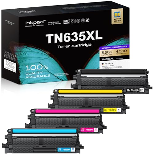 Image of iNKPAD TN635XL Toner Cartridge 4 Pack Replacement for Brother High Yield | Compatible with HL-L8430CDW HL-L8570CDW MFC-L8970CDW MFC-EX575 , 5500 Pages BK /4500 Pages Color, with Smart Chip