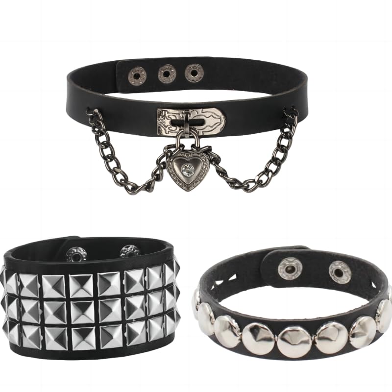 BaBakiak 3Pcs Punk Rock Studded Bracelet Set Goth Spiked Leather Cuff Bangle 80s Wristband Bracelets Halloween Accessories Adjustable