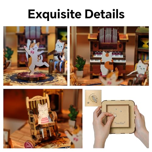 Image of Tonecheer Wooden Music Box Puzzle for Adults,DIY Rotating Music Box Kit 3D Creative Musical Puzzle Crafts Model Building Kits Desk Decor for Teens Kids Birthday Gift (Cats Family)