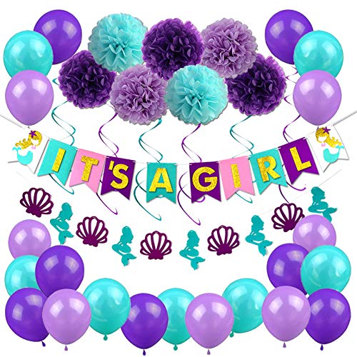 Homond Mermaid Baby Shower Decorations, Mermaid Party Decorations Supplies for Girl Baby Shower, IT'S A GIRL Mermaid Banner, Pom Poms Flowers, Hanging Swirl, Balloons.