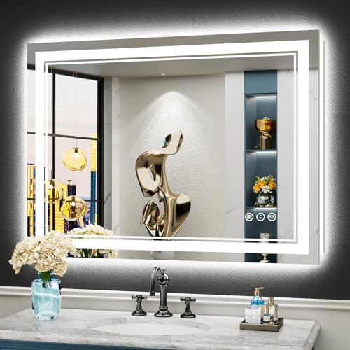 Image of 40x30 LED Bathroom Mirror with Lights, Backlit and Front Lit Anti-Fog Lighted Vanity Mirrors for Bathroom Wall, Dimmable, 3-Color Light, Memory, Shatter-Proof, HD Tempered Glass, CRI>90