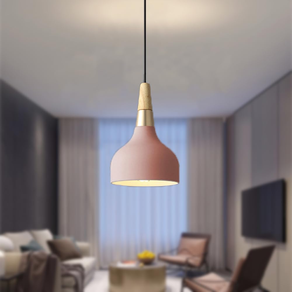 Mengjay Retro Pendant Ceiling Lights Modern Drop Style Hat Lampshade E27 Ceiling Light Retro Light Fixture in Metal Wood Pendant Lamp for Bedroom, Dining Room, Kitchen (Pink)