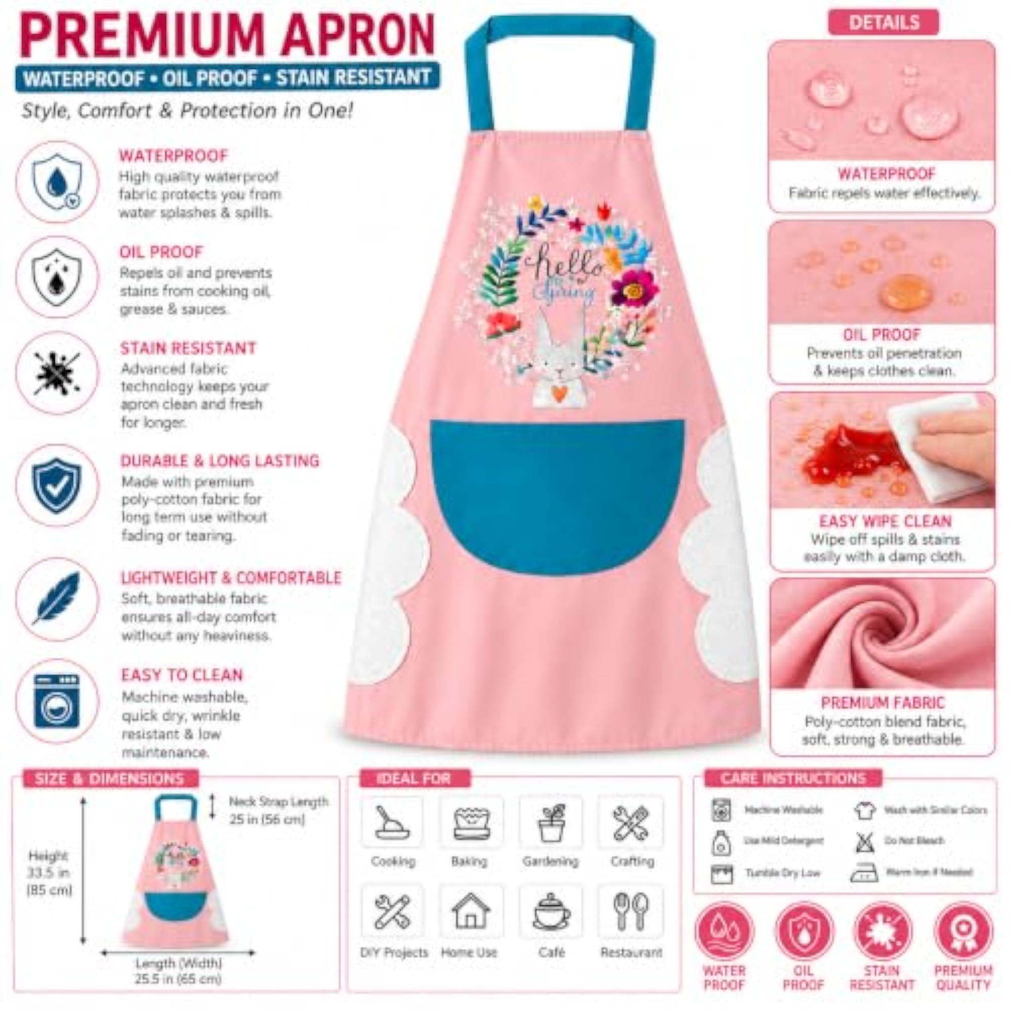 Polyester Kitchen Apron with Large Front Pocket, Adjustable Free Size