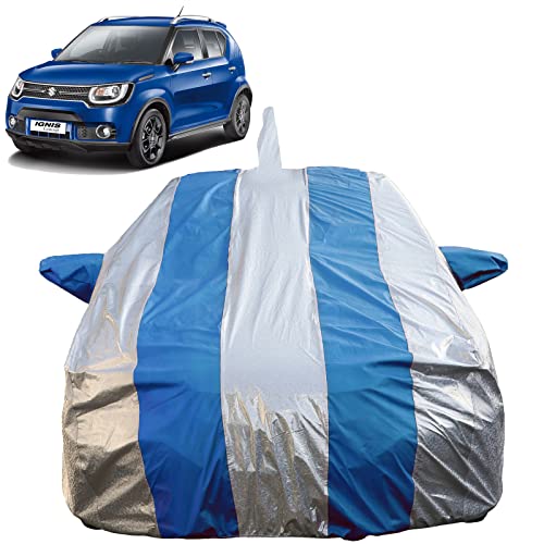 Image of Autofact Waterproof Car Body Cover Compatible with Maruti Ignis (2012 to 2020) with Mirror Pockets (Blue Stripes with Shinning Silver Fabric /Waterproof Cover)