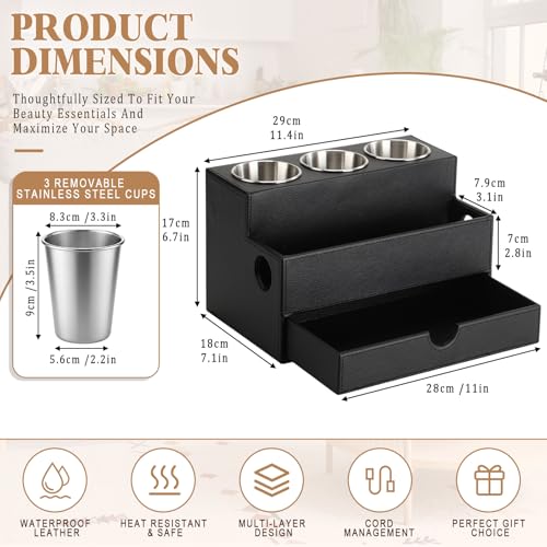 Image of AceOrbit Leather Hair Tool Organizer with Drawer Back to School Gift Bathroom Vanity Organizer Black Blow Dryer Hot Styling Tool Hair Holder for Countertop Curling Iron Flat Iron Straightener Makeup