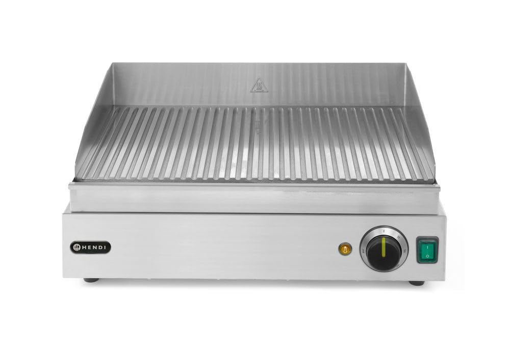 HENDI Plancha de asar eléctrica acanalada, grill parrilla con bandeja de goteo extraíble, temperatura regulable hasta 300°C, 230V, 2400W, 550x380x(H)240mm, acero inoxidable