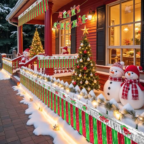 Image of Christmas Decorations 39 ft Foil Fringe Garland Christmas Tinsel Streamers Metallic Hanging Backdrop Banner Table Skirts for Parade Floats Golf Cart Holiday