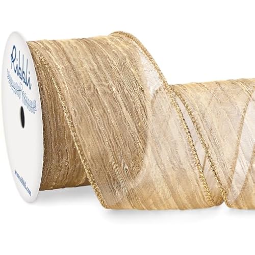 Ribbli Champagne Gold Crinkled Wired Ribbon 2.5 Inch with Metallic Wavy Christmas Ribbon for Cristmas Tree Topper Bow Wreaths Swags Gift Wrapping Wedding Decoration-Countinuous 10 Yard