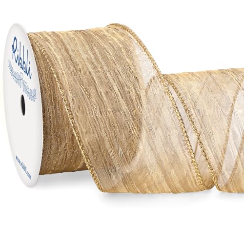 Ribbli Champagne Gold Crinkled Wired Ribbon 2.5 Inch with Metallic Wavy Christmas Ribbon for Cristmas Tree Topper Bow Wreaths Swags Gift Wrapping Wedding Decoration-Countinuous 10 Yard