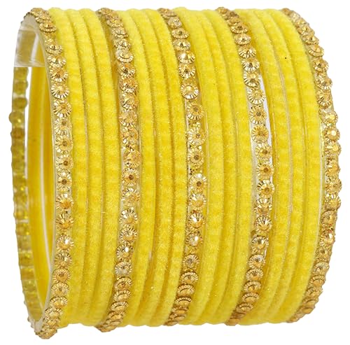 Image of NMII Premium Glass & Golden Beads Velvet Bangle Set For Women and Girls | Velvet Chudi | Traditional Chudi Set | Designer Girl's Bangles Bracelet | Wedding, Party, Festive, Daily- Set of 34