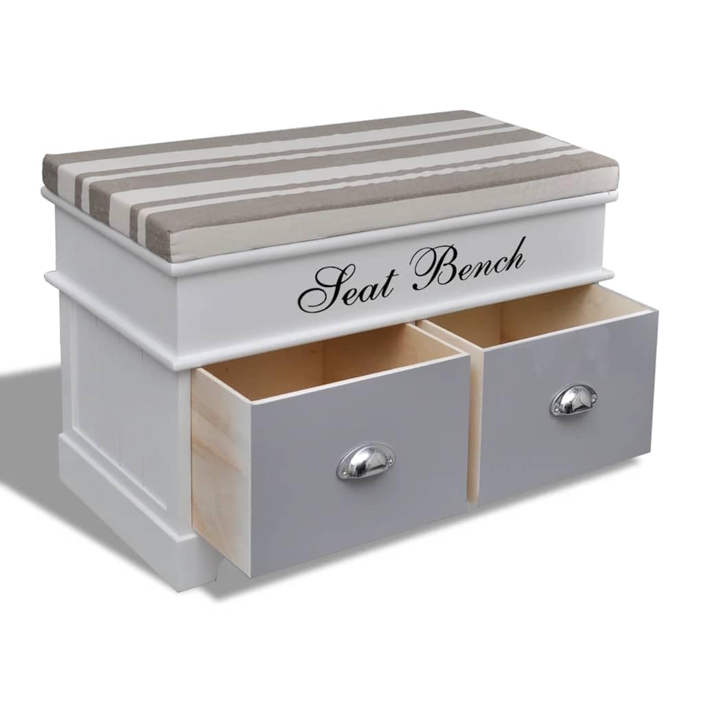 Banco con cojines y dos cajones, 69 x 34 x 45 cm, de madera de paulownia, práctico banco de almacenamiento para pasillo, dormitorio, habitación infantil, versátil, duradero, blanco