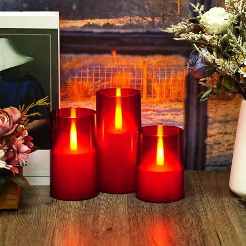 Image of Flameless LED Candles, Upgraded Realistic Flickering Flame Pillar Battery Operated Candles with Remote Timer, Acrylic Electric Set of 3 for Home Decoration and Holiday Celebrations（Red）