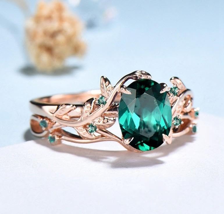 Generic Nature Inspired Leaf emerald wedding ring set unique twig oval cut emerald engagement ring Art deco rose gold Branch anniversary ring2