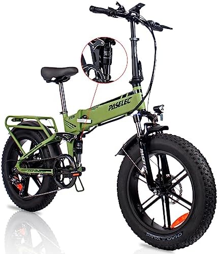 PASELEC Folding Electric Bike, Electric Bike with 750W Motor, 20*4.0Inches Fat Tire,48V 12Ah Removable Battery, 28MPH Max Speed, Full Suspension, Shimano 7 Gears, Commuter Electric Bicycle for Adults