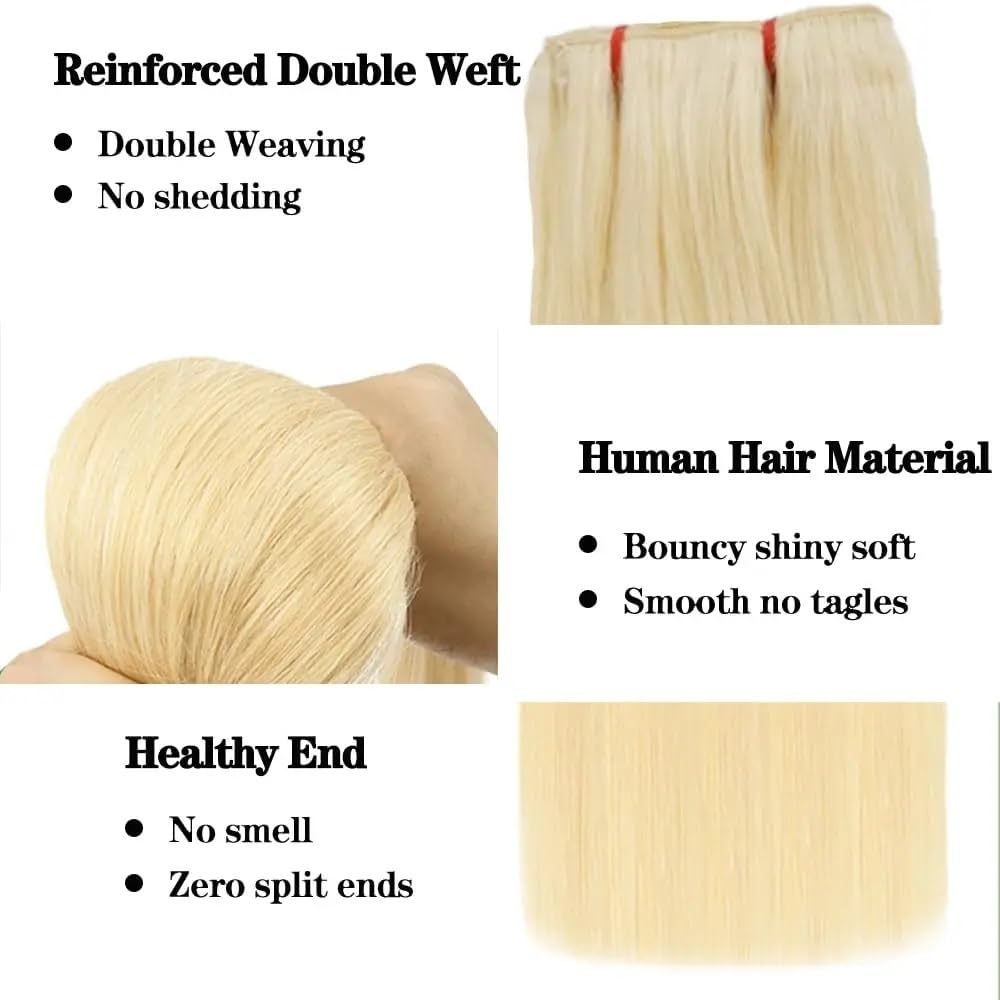 Dopinki do włosów z prawdziwych włosów z koronką, 40,6-66 cm, kolor: blond #613, 120 g, Remy, jedwabiście miękkie, gładkie, podwójnie tresowane, grube końcówki, z tyłu (50 cm)