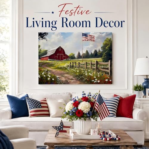 Image of RIBNTAK Farmhouse Red Barn & American Flag Canvas Print, Rustic Wildflower Meadow Patriotic Wall Art, 4th of July Holiday Decoration for Home, Office & Rustic Interiors, Made in USA