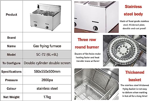 Frittierte Maschine Propangas-Fritteuse, Fettchip-Fritteuse, Doppeltanks, kommerzielle Arbeitsplatte, Edelstahl-Chipfritteuse, Pommes Frites, rutschfeste Füße, leicht zu reinigen, für Zuhaus – Bild 3