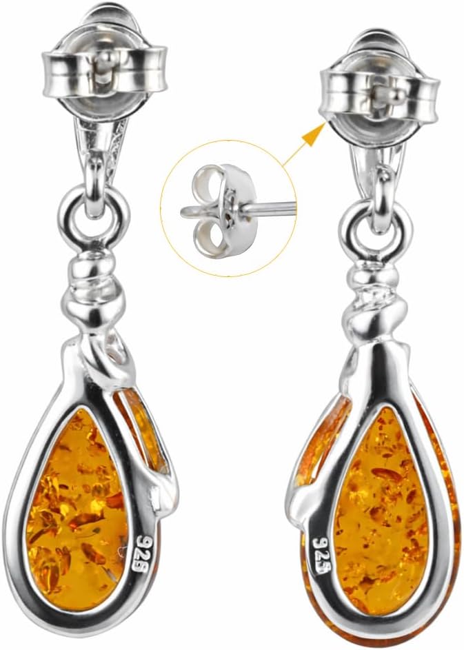 Genuine Baltic Honey Amber Eleanor Drop Earrings for Women – 925 Sterling Silver Teardrop Post Back Earrings, Natural Amber Jewelry with Certificate - Image 3