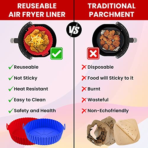 Silicone Air Fryer Liners Pot, 2 Pack Silicone Liners For Air Fryer Basket, Replacement Of Flammable Parchment Paper, (Red & Blue Reusable Silicone Air Fryer Liners With 1 Brush) #TOP1