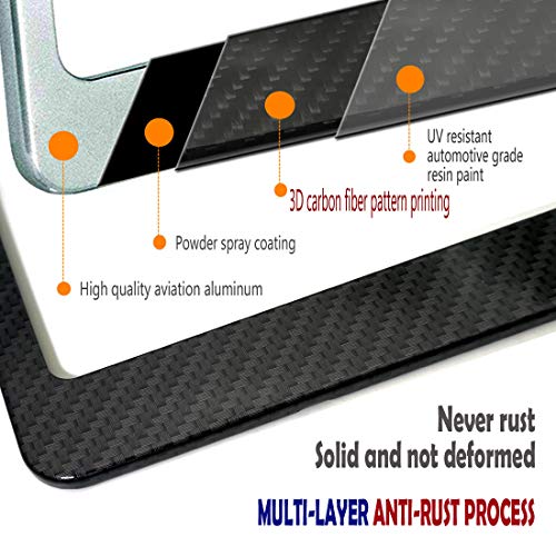 Bggtmo License Plate Frame Carbon Fiber- Black Aluminum Car Tag Frame Holder Printed Carbon Pattern With Stainless Steel Plate Screws And Black & Chrome Caps #TOP4