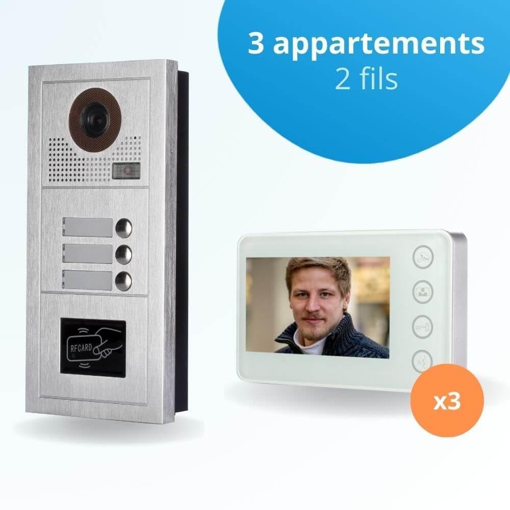Portier interphone vidéo Modern 2 Fils - 3 Appartements - 3 écrans Blancs - avec Lecteur de Badge
