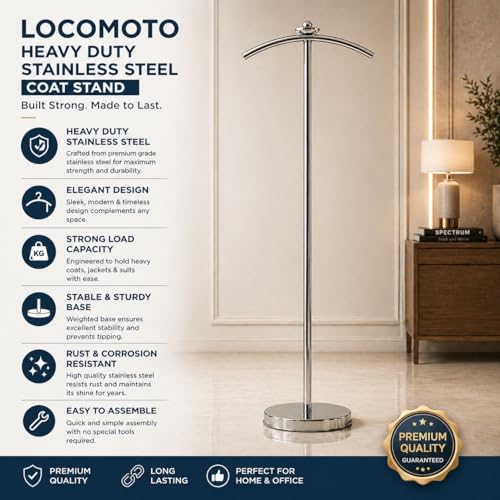 Image of LOCOMOTO Stainless Steel Coat Stand | Heavy Duty Garment Hanger Stand Rack | Cloth Stand for Office, Home, Showroom & Boutique | Rust Proof Durable Coat Hanger Stand (STEEL HANGER)