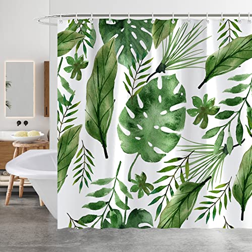 Minicoco Shower Curtain Mould Proof Mildew Resistant Bathroom Shower Curtains Waterproof Shower Curtain 100% Polyester Green Shower Curtains with 12 Hooks, 180 x 180 cm (Tropical Rain Forest)