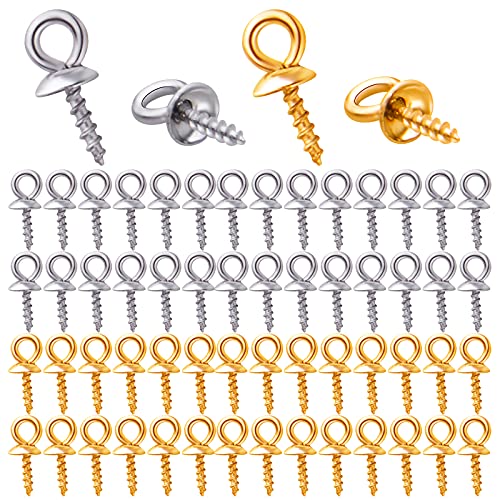 60pcs Stainless Steel Cup Pearl Bail Pin Peg Pendants Charms Screw Eye Pin Bails Caps for Half Drilled Beads Jewelry Crafts Making, 4mm×10mm, Gold and Silver